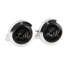 Cufflinks with Monogram (2 letters) in Platinum on black fond, 925 sterling silver