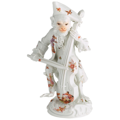 Monkey Orchestra Bass Fiddler, Chinoiserien painting after Hoeroldt, H 13 cm