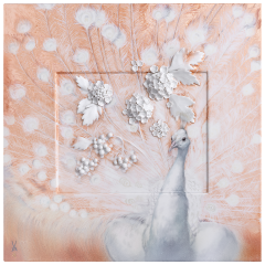 Wall Painting Peacock with Snowball Blossoms, lim. 25, 35 x 35 cm