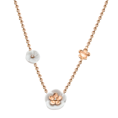 Necklace Royal Blossom Bouquet, 750 rose gold, 3 Blossoms S/M/S, 1 porcelain blossom M, 1 brilliant 0,01 ct, TW, VSI, full cut goo