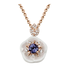 Necklace Royal Blossom Gem "Tanzanite Blue", 750 rose gold, 1 porcelain blossom M, 1 Tanzanite Blue 0,55 ct, 21 brilliants 0,144 c