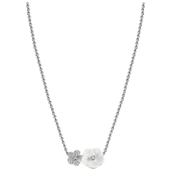 Necklace Royal Blossom Pavé, 750 white gold, 2 blossoms M/S pavé, 1 porcelain blossom M, 32 brilliants 0,184 ct, TW, VSI, full cut