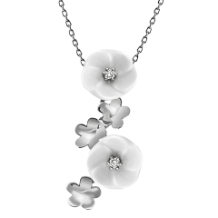 Necklace Royal Blossom Bouquet, 750 white gold, 5 Blossoms S/XS, 2 porcelain blossoms S, 2 brilliants 0,04 ct, TW, VSI, full cut g