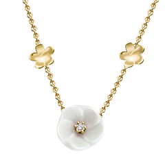 Necklace Royal Blossom Bouquet, 750 yellow gold,  7 Blossoms XS/S/M, 1 porcelain blossom M,  1 brilliant 0,04 ct, TW, VSI, 2 porce