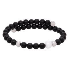 Bangle Pearl Collection Onyx, asymmetrical, 1 porcelain pearl 8 mm, 4 pearls 6 mm 925 sterling silver, 32 onyx pearls 6 mm