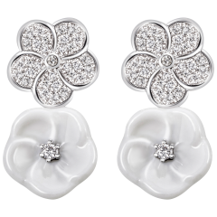 Ear studs Royal Blossom Pavé, 750 white gold, 2 blossoms S pavé, 2 porcelain blossoms S,  with 64 brilliants, 0,316 ct, TW, VSI, f