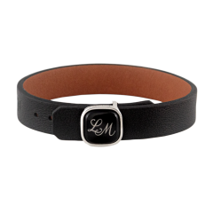Leather Bracelet with monogram (2 letters) in Platinum on black surface