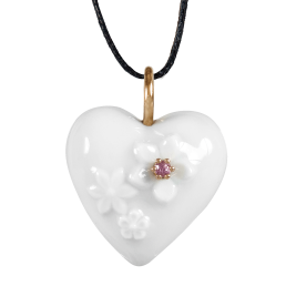 Pendant Heart with blossom relief and pink saphire, white, 2,5 x 2,1 cm