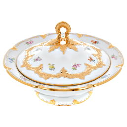 Bowl with lid, Shape "B-Form", Strewn flowers, gold (bronze coloured), light, V 1,2 l