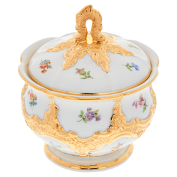 Sugar Bowl, Shape "B-Form", Strewn flowers, gold (bronze coloured), light, H 12 cm