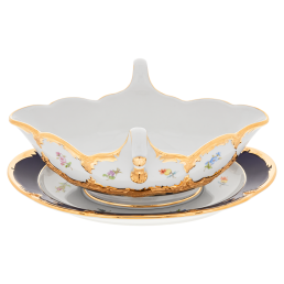 Gravy boat, Shape "B-Form", strewn flowers, royal blue ground, bronze coloured, V 0,45 l