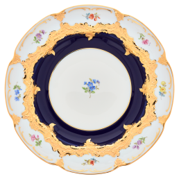 Dinner Plate, Shape "B-Form", strewn flowers, royal blue ground, bronze coloured, Ø 22 cm