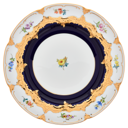 Dinner Plate, Shape "B-Form", strewn flowers, royal blue ground, bronze coloured, ø 28 cm