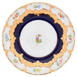 Bread- and Butter Plate, Shape "B-Form", strewn flowers, royal blue ground, bronze coloured, Ø 15,5 cm