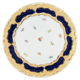 Charger Plate, Shape "B-Form", strewn flowers, royal blue ground, bronze coloured, Ø 33 cm