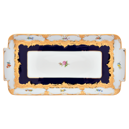 Platter, square, Shape "B-Form", strewn flowers, royal blue ground, bronze coloured, L 29 cm