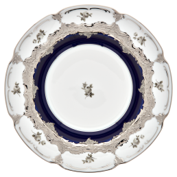 Soup Plate, Shape "B-Form", Strewn Roses, white-grey, royal blue, shiny platinum, ø 24 cm