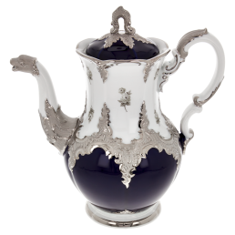 Coffee Pot, large, Shape "B-Form", Strewn Roses, white-grey, royal blue, shiny platinum, V 1,5 l