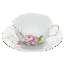 Tea cup & saucer, Shape "New Cutout", Pink rose, gold rim, V 0,2 l