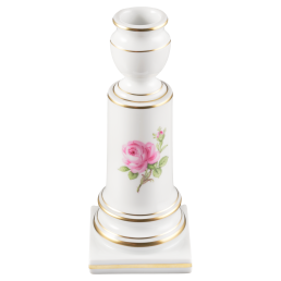 Candlestick, Shape "New Cutout", Pink rose, gold rim, H 14 cm