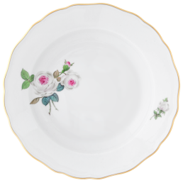 Starter- and Dessert Plate, Shape "New Cutout", White rose with purple centre, gold rim, Ø 18 cm