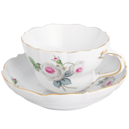 Cappuccino cup & saucer, Shape "New Cutout", White rose with purple centre, gold rim, V 0,25 l