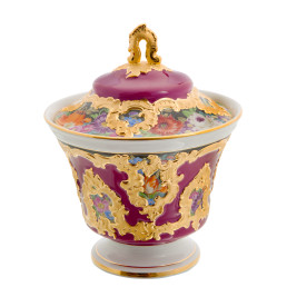 Box with "flower painting", purple glaze, Shape "B-Form", H 17,5 cm