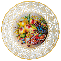 Dish, medium, Still life of fruits,naturalistic,coloured,gold decoration. num., lim., Ø 24 cm