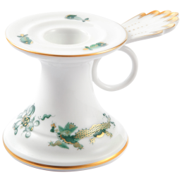 Candlestick, Ornate dragon, green, gold accents, gold rim, H 7 cm