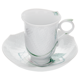 Coffee cup & saucer, Shape "Waves Relief", Woodland flora with insects, white rim, V 0,15 l