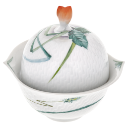 Sugar Bowl, Shape "Waves Relief", Woodland flora with insects, white rim, H 12,4 cm