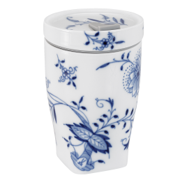 Coffee to go mug with porcelain lid, small, Shape "nova", Blue Onion "Style" cobalt blue, white rim, V 0,35 l