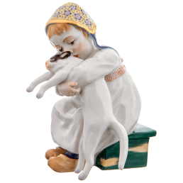 Child with cat, Coloured with gold, H 12 cm