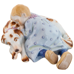 Child sleeping on dog, Coloured with gold, H 7,5 cm