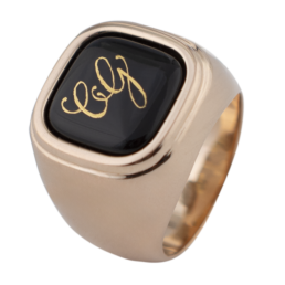 Master-Signet Ring square with monogram (2 letters) in Platinum on black fond, 925 silver rose plated