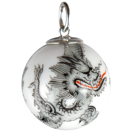 Pendant "Boule" 3 black dragons intertwined, white background, Ø 2,2 cm