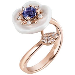 Ring Royal Blossom Gem "Tanzanite Blue", 750 rose gold, 50 mm, 1  porcelain blossom M; 1 Tanzanite Blue 0,55 ct, 21 brilliants 0,1
