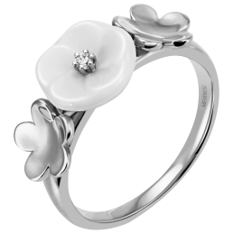 Ring Royal Blossom Bouquet, 3 Blossom S, 750 white gold, 50 mm, 1 porcelain blossom S, 1 brillant 0,02 ct, TW, VSI, full cut good,