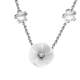 Necklace Royal Blossom Bouquet, 750 white gold,  7 Blossoms XS/S/M, 1 porcelain blossom M,  1 brilliant 0,04 ct, TW, VSI, 2 porcel