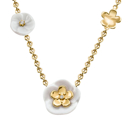 Necklace Royal Blossom Bouquet, 750 yellow gold, 3 Blossoms S/M/S, 1 porcelain blossom M, 1 brilliant 0,01 ct, TW, VSI, full cut g