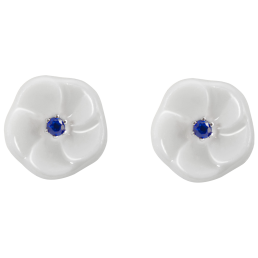 Ear studs Royal Blossom Basic Sapphire, 750 white gold, 2 porcelain blossoms size S with each 1 Sapphire 0,07 ct blue faceted
