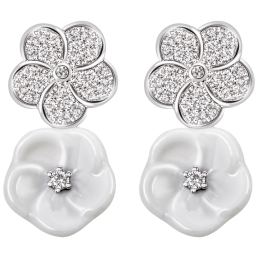 Ear studs Royal Blossom Pavé, 750 white gold, 2 blossoms S pavé, 2 porcelain blossoms S,  with 64 brilliants, 0,316 ct, TW, VSI, f