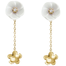 Earrings Royal Blossom Bouquet, 750 yellow gold, 2 Blossoms S/XS, 2 porcelain blossoms S, 2 brilliants 0,04 ct, TW, VSI, full cut
