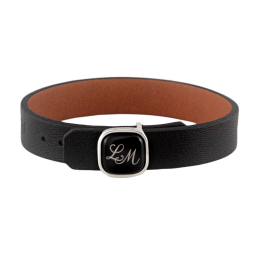 Leather Bracelet with monogram (2 letters) in Platinum on black surface